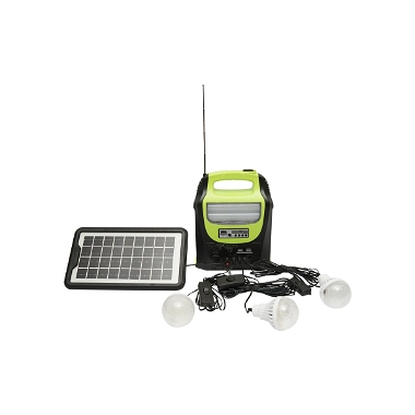 Kit iluminat portabil LED cu 3 becuri/proiector, radio FM panou solar si baterie 6V, 4.5Ah pentru pescuit camping GD-8071