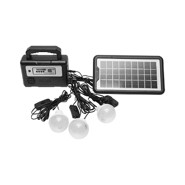 Kit iluminat portabil LED cu 3 becuri/proiector, radio FM, telecomanda panou solar si baterie 6V, 2 Ah pentru pescuit camping GD-8028