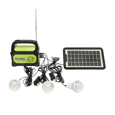 Kit iluminat portabil LED cu 3 becuri/proiector, radio FM, MP3, panou solar si baterie 6V, 4.5 Ah pentru pescuit camping GD-8073