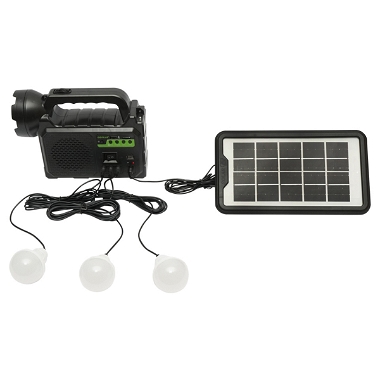 Kit iluminat portabil LED cu 3 becuri/proiector, radio FM, MP3, panou solar si baterie 3.7V, 4500 mAh pentru pescuit camping GD-P30FM