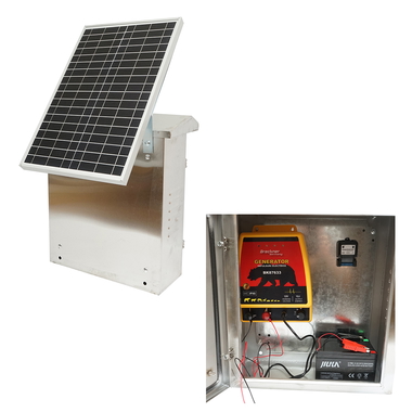 Aparat generator impulsuri 12 Joule, DC12V/220V. cu panou solar 30W si baterie 12V 12Ah cutie din inox, pentru gard electric Breckner Germany.