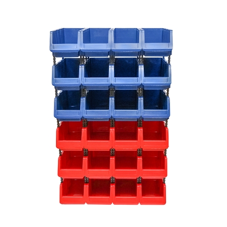 Stand cu 24 cutii pentru depozitare / organizare, cutie din plastic rosie, albastra,700x400x1150mm