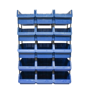 Stand cu 15 cutii pentru depozitare / organizare, cutie din plastic albastra, 765x400x1100mm