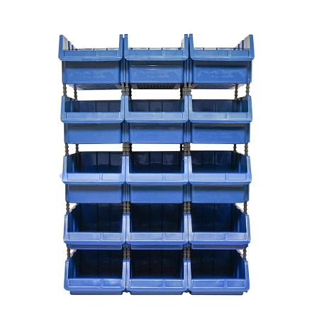 Stand cu 15 cutii pentru depozitare / organizare, cutie din plastic albastra, 765x400x1100mm