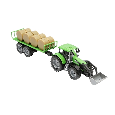 Jucarie tractor verde cu incarcator si remorca pentru baloti
